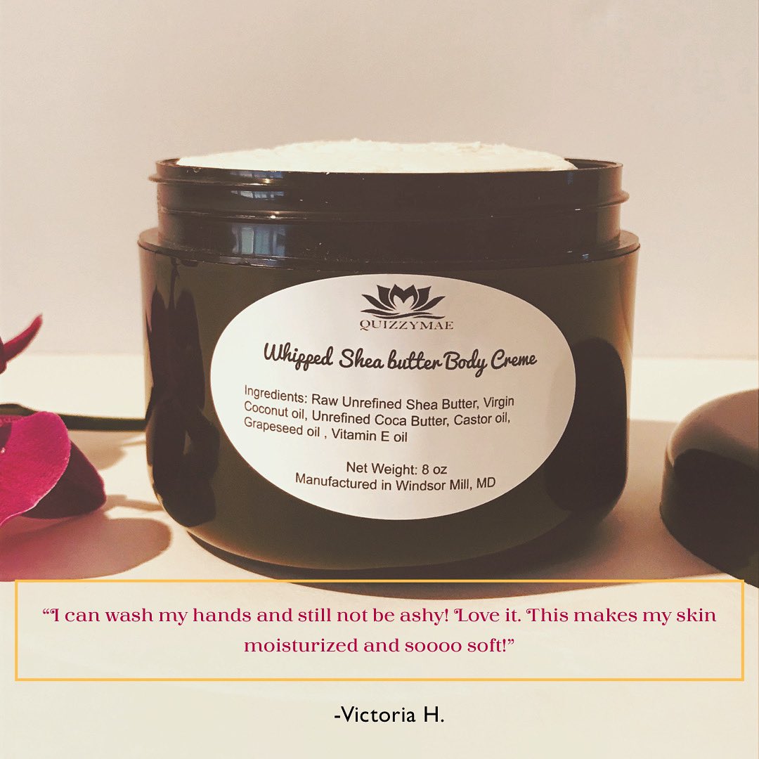 QuizzyMae’s Whipped Body creme will quench your skin’s thirst for moisture! Handmade to order. All-natural with no preservatives. Shop now QuizzyMae.com  #whippedsheabutter #bodybutter #skinmoisturizer #blackownedbusiness #handmade #buyfromablackwoman #NaturalSkincare