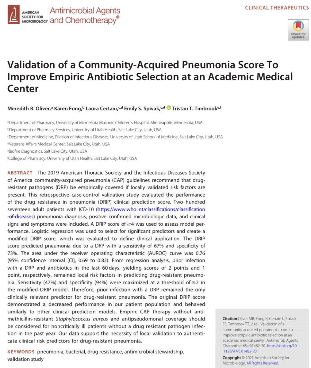 ATS/IDSA 2019: empirically cover drug resistant pathogens if locally validated risk factors are present in pts who present with 🫁 CAP

Check out our local validation below ⬇️

Prob don’t need vanco/cefepime in noncritically ill pts without a 1 yr hx of drug resistant pathogen 🙅🏼‍♀️