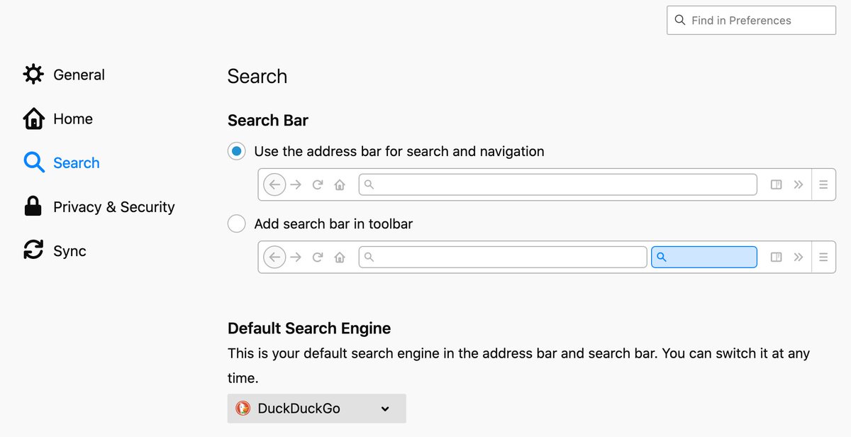 ‣ switch to  @DuckDuckGo as your search engine of choice and set it to your browser default. In Firefox, it looks like this: