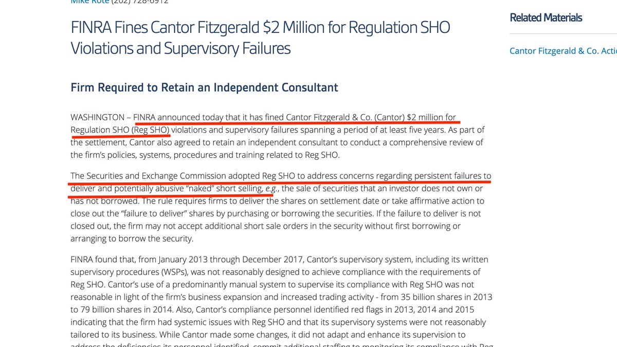 In 2019, Cantor Fitzgerald paid a $2 million fine over “concerns regarding persistent failures to deliver and potentially abusive ‘naked’ short selling.”
