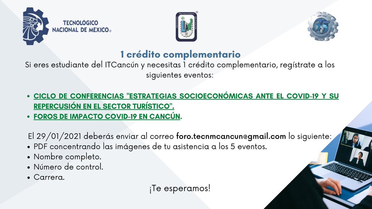 Fecha y hora límite de entrega de evidencia: 29 de enero del 2021 a las 13:00 hrs.
🚨Las evidencias tienen que ser recopiladas en 1 (UN) solo archivo archivo PDF.🚨

En el marco del #35Aniversario del #ITCancún
#IMPACTOCOVID19CANCUN pic.x.com/1zZTDTxaJm