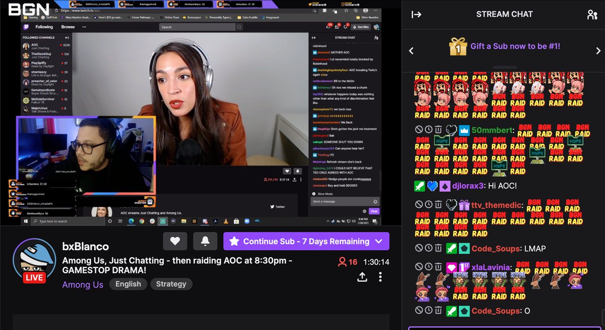 DJLorax3's tweet photo. The Bronx Gaming Network on @bxblanc0 stream tried to raid you but we couldn't, so here is our version of a BX raid for you @AOC !!! Sending that BX Gamer Love! https://t.co/joHl0EFuqT