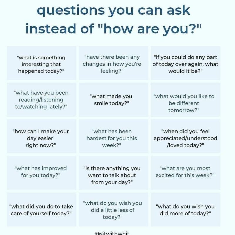 Don’t make it a #BellLetsTalk day make it a #BellLetsTalk lifestyle. 

It can be a challenge to shift the way we ask that infamous question of ‘how are you?’ So here’s a few different ways to help you get started :) 

Keep talking! 

#TeamBell #BellLetsTalk