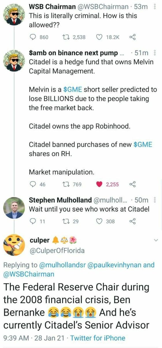 It’s happening!Ben Burnanke is basically the head of Citadel, the hedge fund who just lost billions on Wall past, and Citadel banned GameStop purchases which is illegal Market manipulation. Burnanke used to be the Chairman of the Federal Reserve.