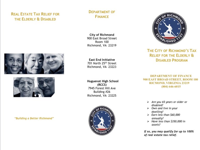 This is your yearly reminder! If you have an elder or disabled family member that owns & lives in their home in the City of Richmond, PLEASE make sure they are in our Tax Relief program! I just helped another senior apply who is 73 & could have been in it years ago.