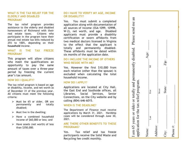This is your yearly reminder! If you have an elder or disabled family member that owns & lives in their home in the City of Richmond, PLEASE make sure they are in our Tax Relief program! I just helped another senior apply who is 73 & could have been in it years ago.