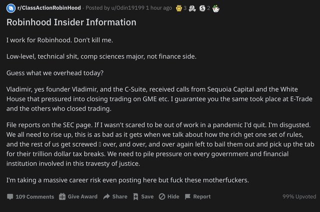 Now we have an insider saying the White House is in on the crime of preventing GameStop shares. Whole Gov and their banker puppeteers are corrupt and must be abolished ASAP.