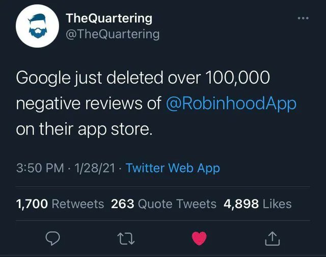 Dishonest Google counters negative reviews of the Robinhood app by shamelessly deleting 100,000 negative reviews.Patriots VS Commies Who will win?