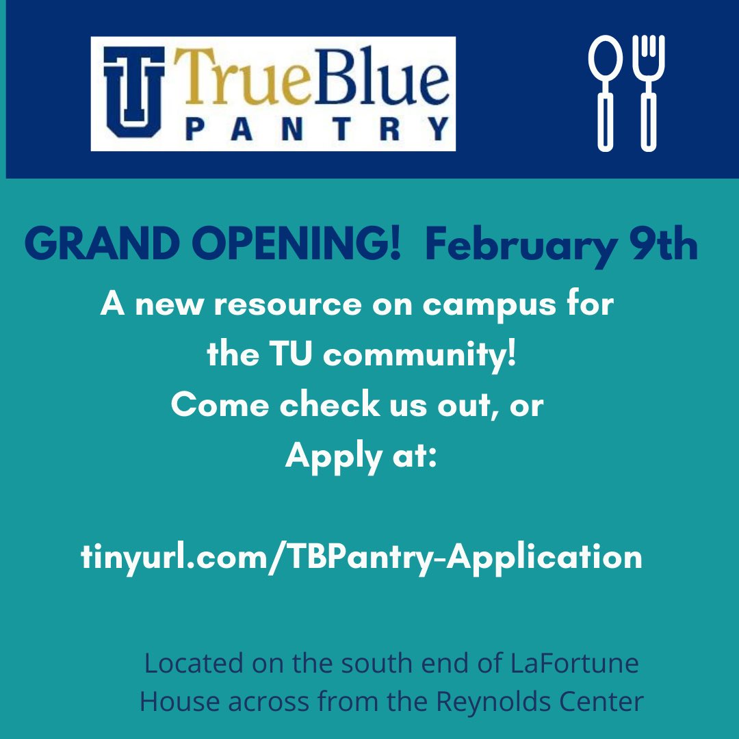 TrueBlueTU's tweet photo. The True Blue Pantry will be opening on February 9th! We can’t wait to serve our campus and the fellow members of our TU family :)) https://t.co/FJ56StTZDg