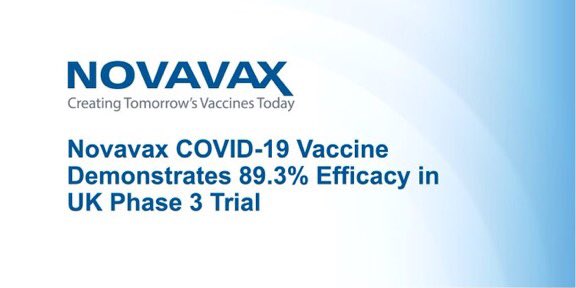(1/7) Spectacular news from Novavax. The efficacy of their vaccine matches Pfizer & Moderna, but it doesn't have the same ultra-cold storage requirements. UK phase 3 trial results:95.6% original COVID-1985.6% UK  strain ( #B117)89.3% efficacy overall