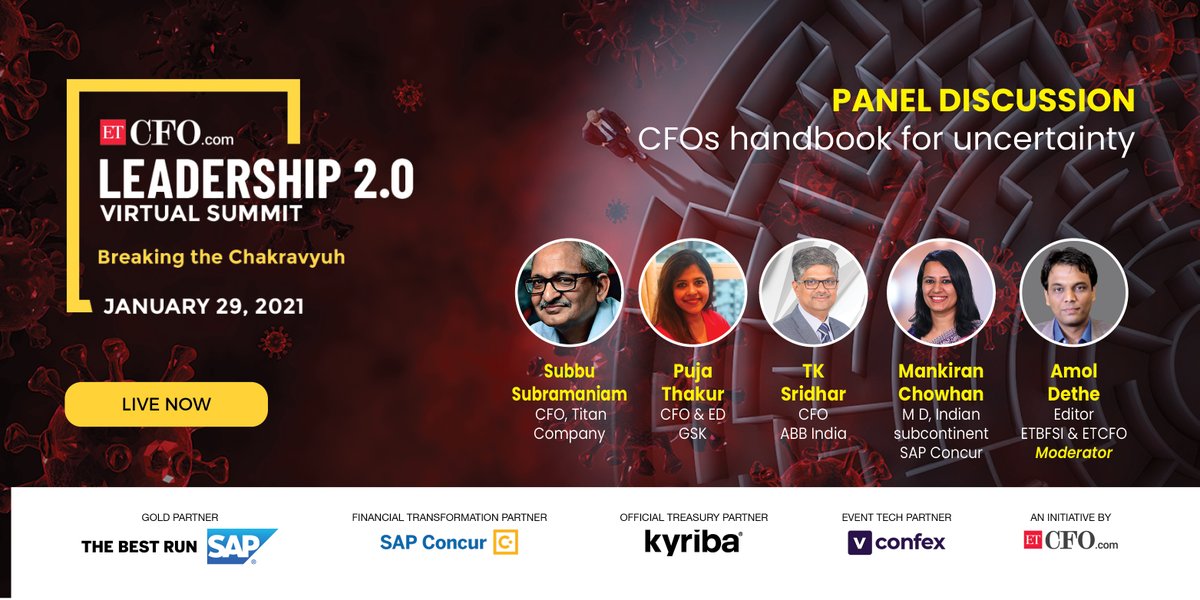 CFOs Handbook for uncertainty to gear up &amp; prepare for the future outlook in economic turmoil, a post-vaccination world at #ETCFOLeadershipSummit with Subbu Subramaniam <a href="/TitanCompanyLtd/">Titan Company Limited</a>, Puja Thakur <a href="/GSK/">GSK</a>, TK Sridhar <a href="/ABBIndia/">ABB India</a> <a href="/mankiranchowhan/">Mankiran Chowhan</a> <a href="/SAPConcur/">SAP Concur</a> cfo.vconfex.com/vconfex/674