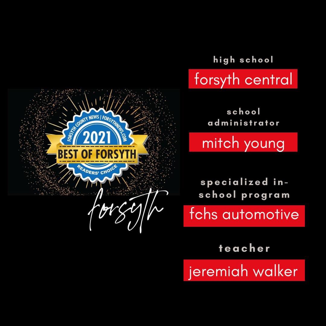 ForsythCHS's tweet photo. We will forever be thankful for the support of our community. For the sixth year in a row, we are honored to be the Best High School in Forsyth! Congratulations to @JMY_FCHS, our Automotive program, and @TheMisterWalker for their individual recognition from @forsythnews #chouse https://t.co/pIzMuKVdWq