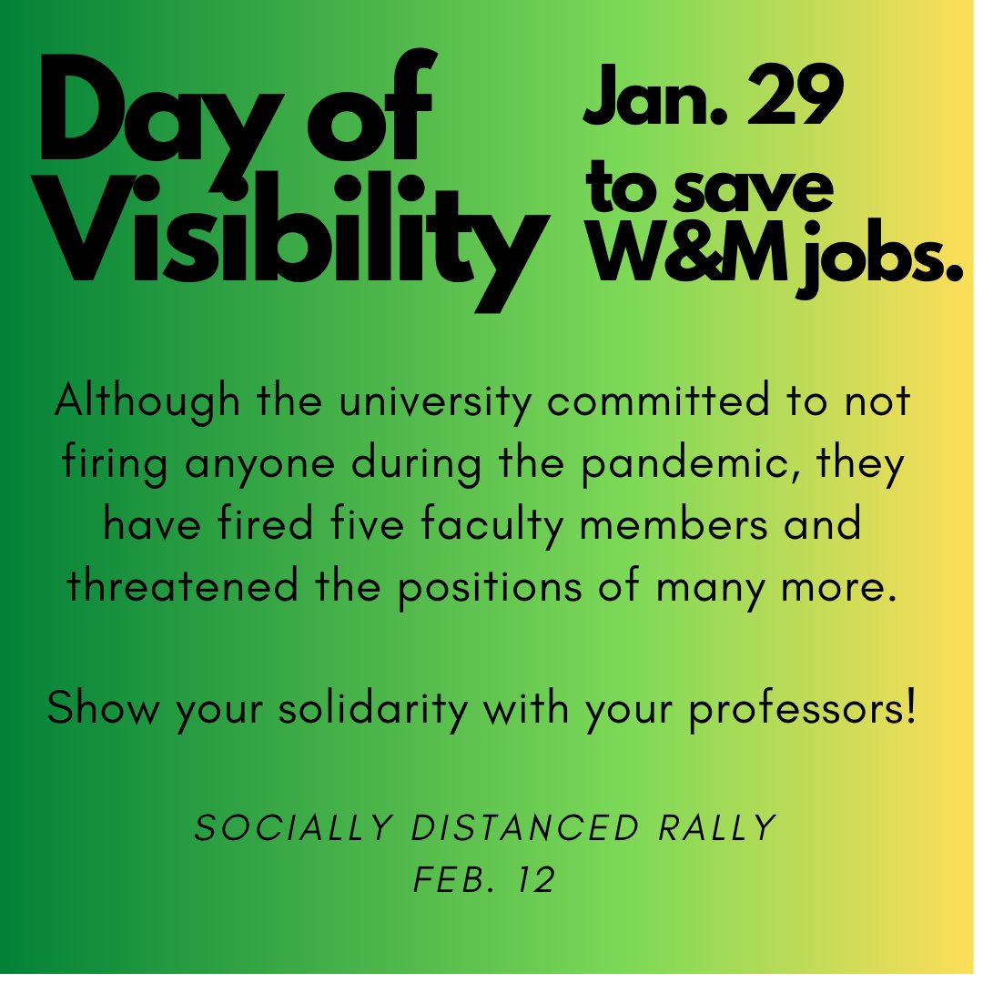 wmworkersunion's tweet image. Friends of WMWU! 

Friday Jan. 29th is a Day of Visibility to save faculty jobs.

Use the poster as your zoom background or print it and hang it proudly. Our demand will not be ignored.

Be sure to sign our open letter here: ow.ly/kbM150Dlpyf