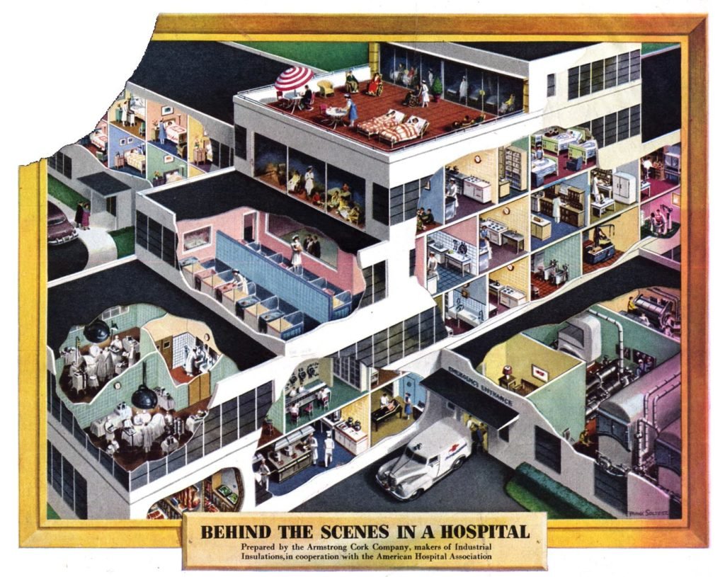 A supermarket and a hospital cutaway.