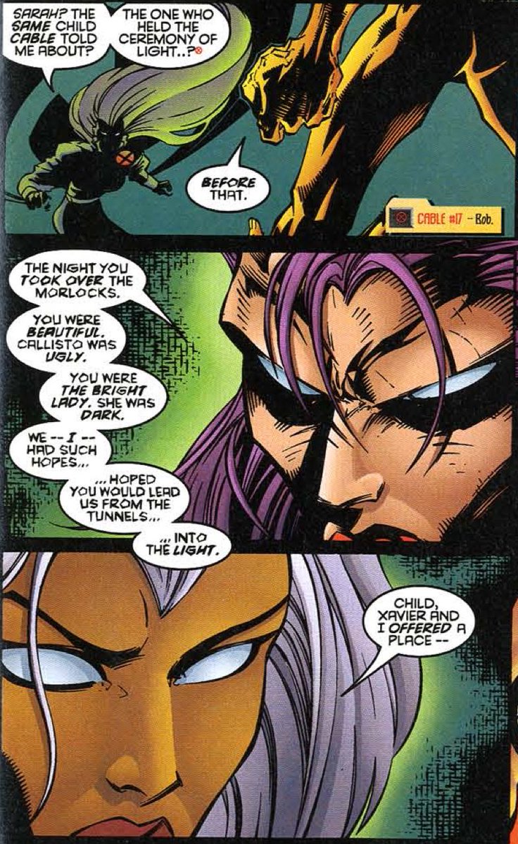 “But Storm!” You say 1: Literally every arc related to her being Leader of the Morlocks is about how much she failed them by not genuinely giving a fuck about them2: Morlocks are inherently about visibility and disability and Storm’s too damn pretty and able and “normal”