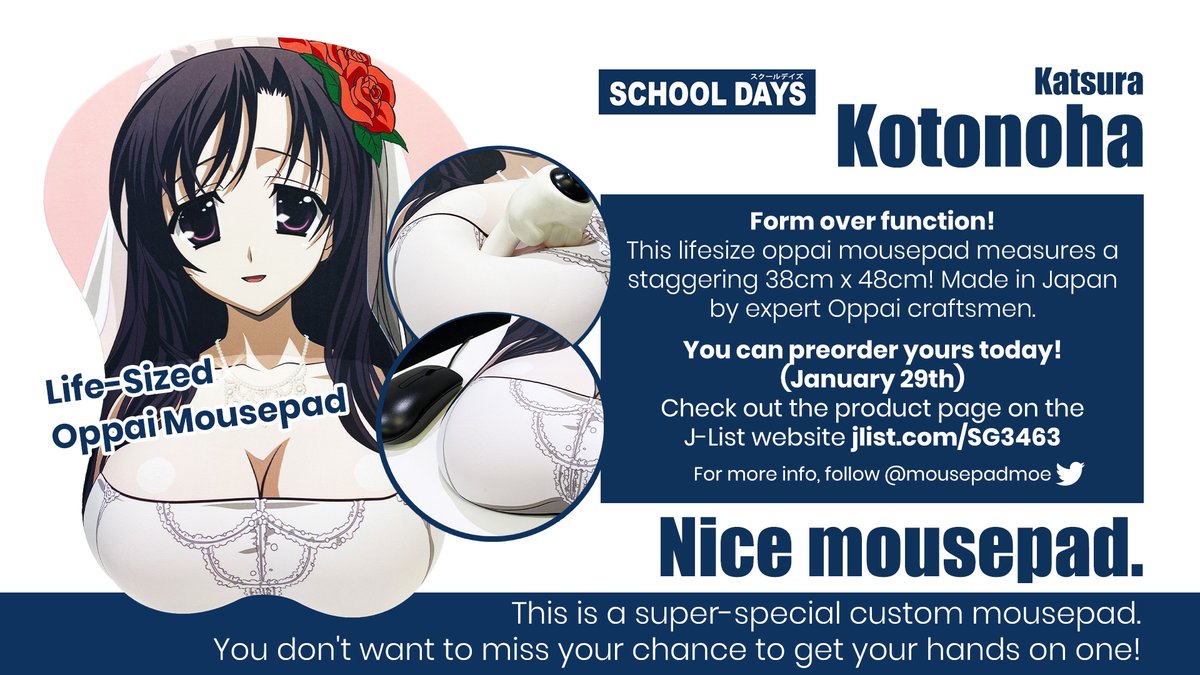 mousepadmoe's tweet photo. You don't need to wait for her much longer now, Kotonoha from @Overflow_staff School Days, Life-Sized Oppai Mousepad, is Now Available for Pre-order!
https://t.co/9AZlznGxaN https://t.co/HZUmvaYvN3