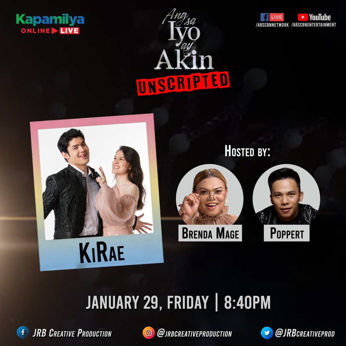 JRBcreativeprod's tweet photo. Siguradong kikiligin ka tonight dahil makakasama natin ang #KiRae 💛plus more kantahan and chikahan session with Brenda and Poppert sa #ASIAAUnscripted, 8:40pm sa Kapamilya Online Live! 

#ASIAApagbabago
#JRBCreativeProduction https://t.co/oJ7e2S1E04