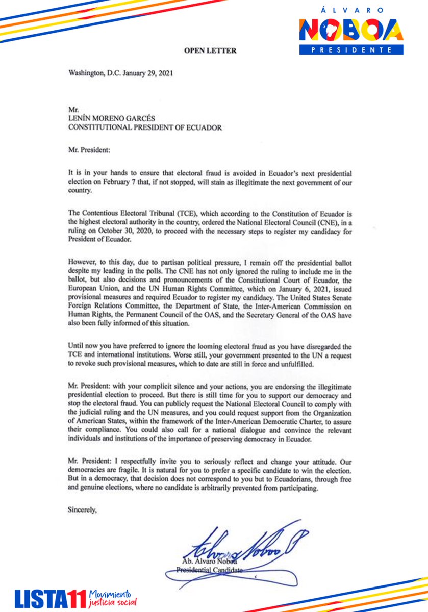 Open Letter from Álvaro Noboa