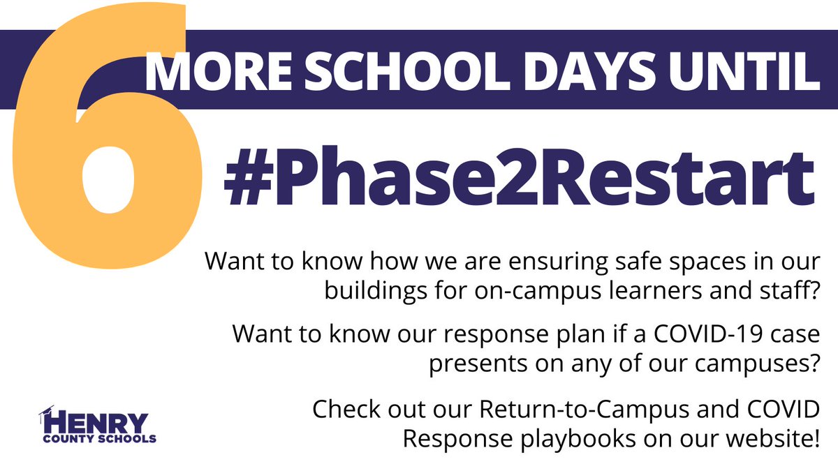HenryCountyBOE's tweet photo. 6 more school days until #Phase2Restart!
Our schools underwent extensive preparation to be ready to welcome students back to campus in September. The same efforts are underway ahead of Feb. 8th! Check out our Return-to-Campus playbooks on the district website! https://t.co/cGp9VjKBHi