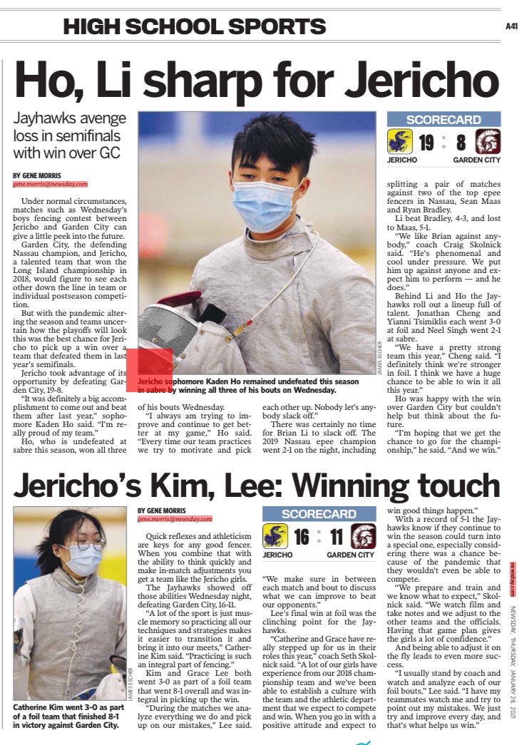 jerichosports's tweet photo. Great article on Jericho’s Boys and Girls Fencing teams!  Great wins over Garden City yesterday! https://t.co/OpYSfj5WGI