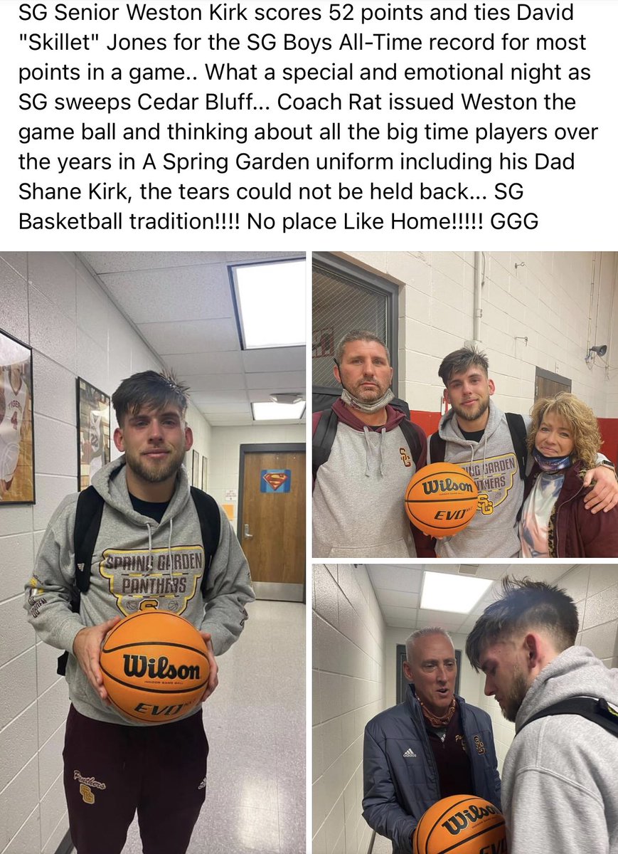 Congratulations to <a href="/SpringGardenHS/">Spring Garden High School</a> Senior <a href="/iam_westonkirk/">Weston Kirk</a> on the incredible feat! 52 points, tying the SG Boys single game record! (Thanks to The Spring Garden Network on Facebook for the picture and original post!)
