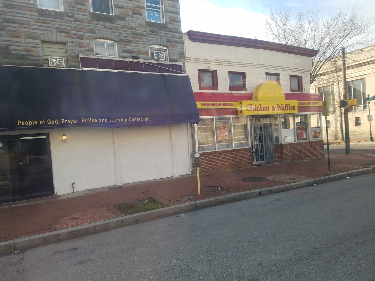 As we continue down Baltimore St, we are in an area that has a strong main street feel but is suffering the effects of redlining, disinvestment, and white flight. Compare it to this picture from 1930 before blockbusting. We also pass Union Square, which is an awesome little park