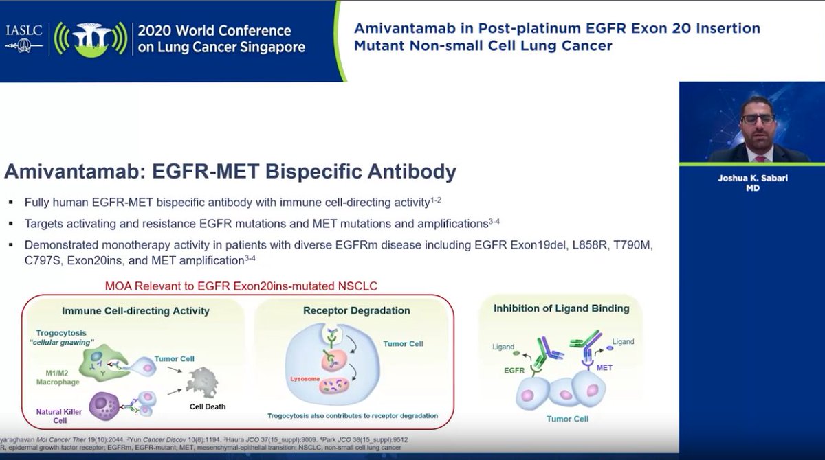 To recap, amivantamab is a bispecific antibody that targets both EGFR and MET. This is thus a very different mechanism of action from the TKI's being developed for EGFR Exon 20ins. Today we will hear updated data on this agent in this population  #LCSM  #WCLC20
