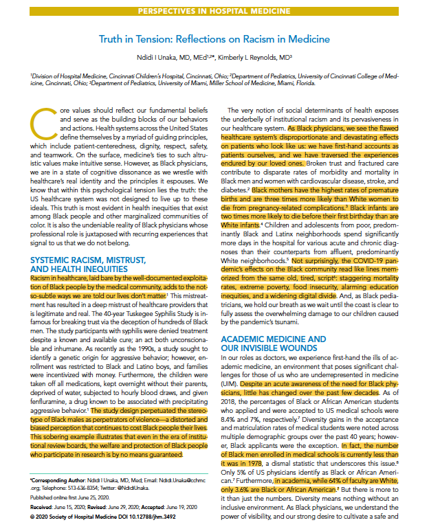 3/ In June, while our streets were ablaze with protests around social injustice, police brutality, and structural racism we stepped into the tension with  @gradydoc and  @ndidiunaka with our “Conversation on Racism in Medicine” https://www.journalofhospitalmedicine.com/jhospmed/article/224391/hospital-medicine/truth-tension-reflections-racism-medicine