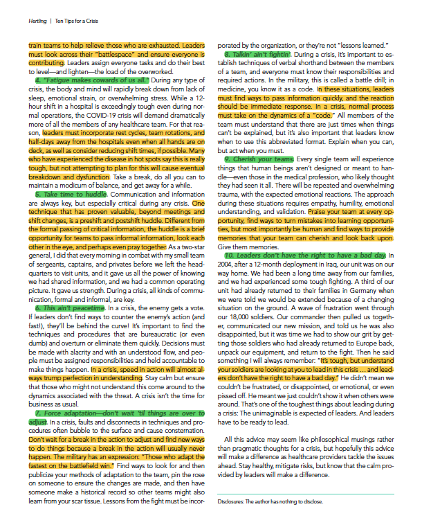 2/ In April 2020, as the first wave of COVID was ravaging our hospitals, we had a conversation with Lt. Gen  @markhertling where we learned about “Battle Buddies” and the importance of teams in “Ten Tips for a Crisis” https://www.journalofhospitalmedicine.com/jhospmed/article/220105/hospital-medicine/ten-tips-crisis-lessons-soldier