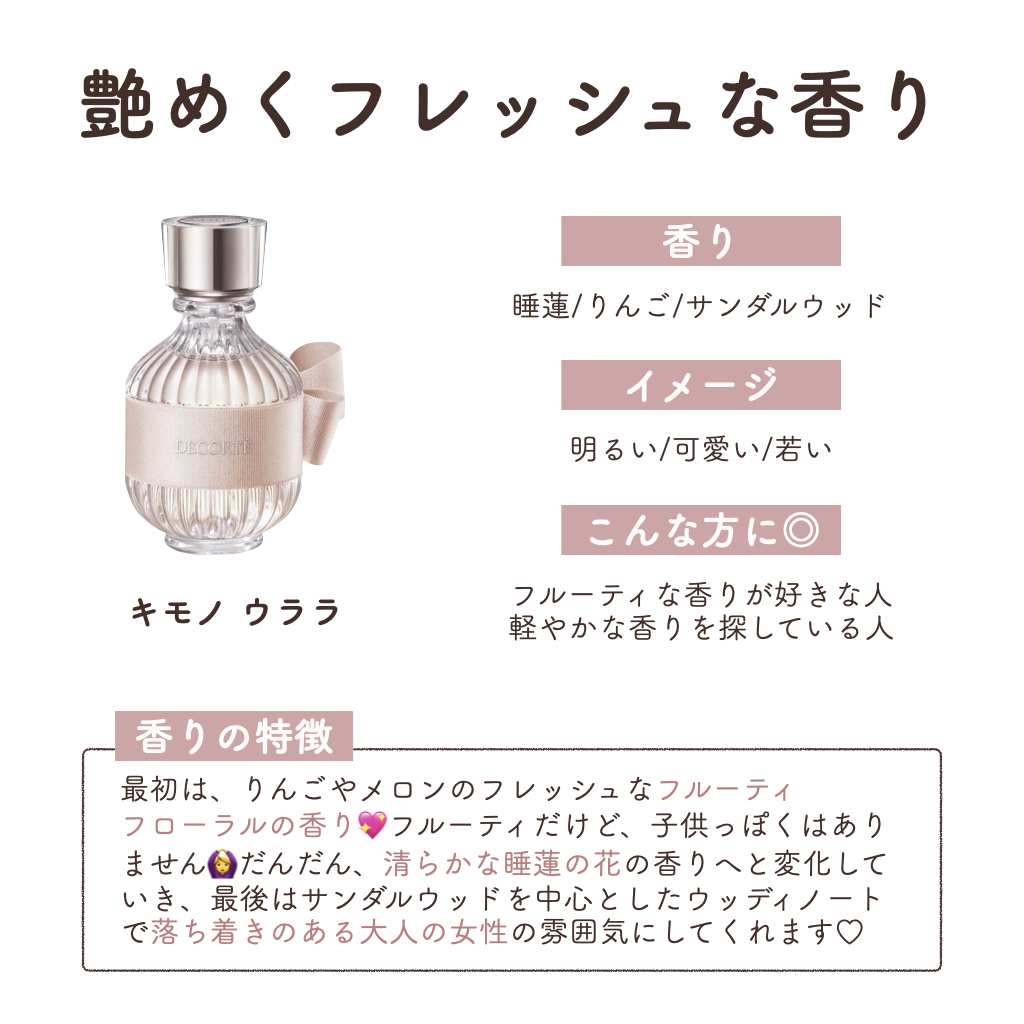 カラリア 香りの定期便 Twitterでバズった コスメデコルテの キモノシリーズ 意識にさえ 纏うように がコンセプトの香水で 日本人の心構えを得た女性の魅力を引き出してくれます 香り立ちが優しく ツンっとする感覚がないので どの