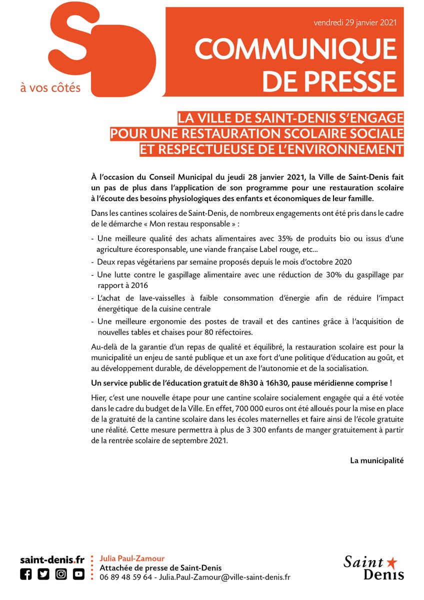 I COMMUNIQUÉ DE PRESSE I
La ville de Saint-Denis s'engage pour une restauration scolaire sociale et respectueuse de l'environnement.

👉 retrouvez le communiqué en ligne : ville-saint-denis.fr/communique/la-…