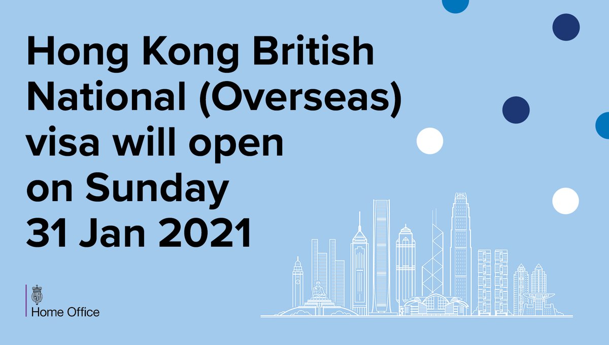 White line art silhouette of Hong Kong skyline on a light blue background with the text 'Hong Kong British National (Overseas) visa will open on Sunday 31 Jan 2021'. Home Office logo in bottom left, and polka dots in different shades of blue in the top right-hand corner.