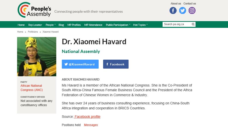 South Africa: African National Congress appoints CCP united front figure Dr. Xiaomei Havard 张晓梅 to South African Parliament https://www.pa.org.za/person/xiaomei-havard/and https://en.wikipedia.org/wiki/Xiaomei_Havardand https://www.sapeople.com/2021/01/28/some-south-africans-reject-xiaomei-havard-as-jackson-mthembus-replacement-in-parliament/