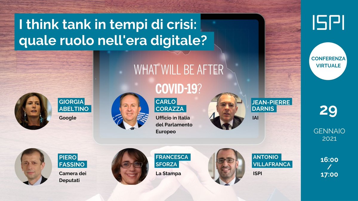 ispionline's tweet image. #ISPIevent #ThinkTanksMatter
Oggi h16
"I think tank in tempi di crisi: quale ruolo nell'era digitale?"

@GiorgiaAbeltino @googleitalia
@CorazzaEP @Pe_Italia
@jpdarnis @IAIonline
@pierofassino Deputato
@sforzalast @LaStampa
@AntVillafranca ISPI

Registrati: bit.ly/3o7gwxh