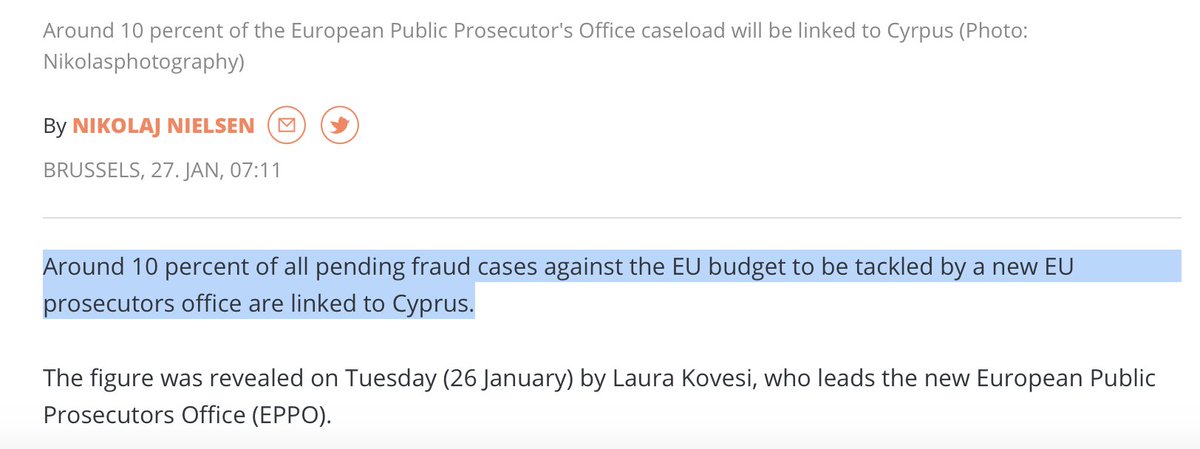 (9) … ότι η κ.Kovesi (EPPO) δήλωσε πως περίπου 10% εκκρεμουσών υποθέσεων απάτης κατά των οικονομικών συμφερόντων της ΕΕ που θα εξετάσει η Ευρωπαϊκή Εισαγγελία συνδέονται με την Κύπρο …