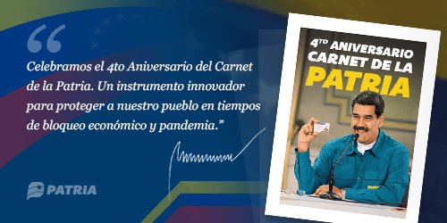 #ULTIMAHORA || Continua la entrega del Bono 4to Aniversario del Carnet de la Patria enviado por nuestro Pdte. <a href="/NicolasMaduro/">Nicolás Maduro</a> a través del Sistema <a href="/CarnetDLaPatria/">Carnet de la patria</a>.

La entrega tendrá lugar entre los días 21 al 31 de enero de 2021.

<a href="/MSVEnContacto/">Somos Venezuela | MSVEnContacto</a> #AlianzaDeLosPueblos