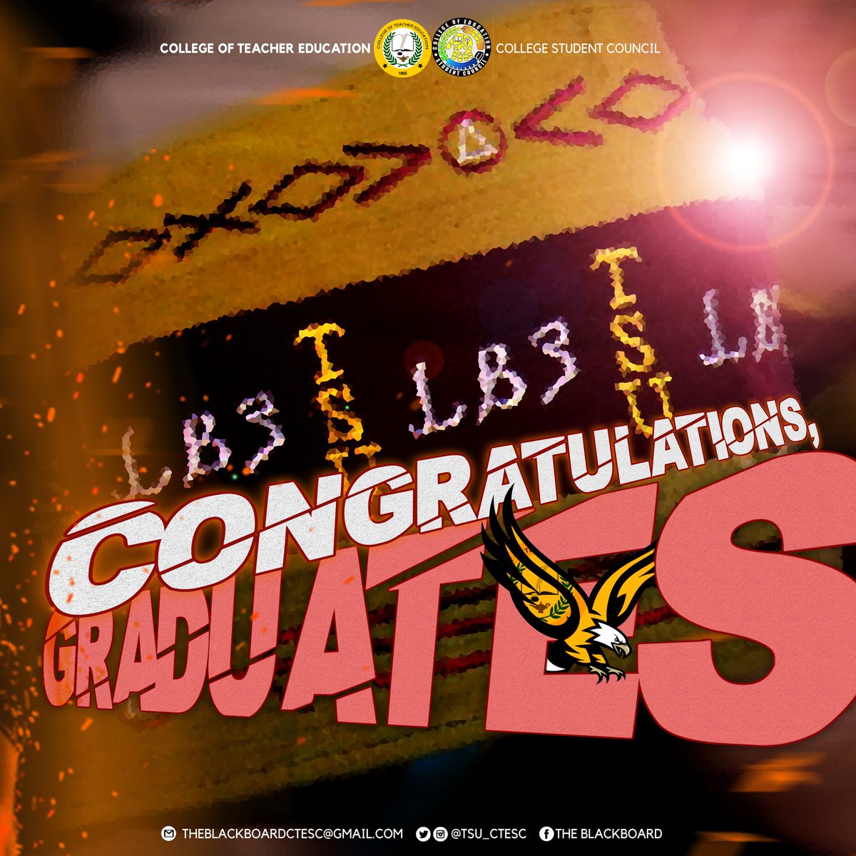tsu_ctesc's tweet photo. CONGRATULATIONS, GRADUATES!

All your efforts, hard work, diligence, late nights, and early mornings are paid off. Have a successful future and wish that brighter opportunities will come to your way.

You have made us all proud.

Padayon, ka-Eduk! 💛

#AbanteKaEduk https://t.co/YrRtjtnshx