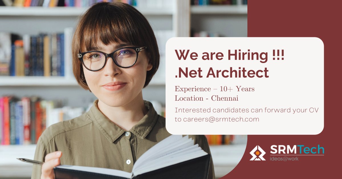 SRMTechOfficial's tweet image. SRM Technologies is looking to hire an experienced .Net Architect to be a part of our growing Digital Transformation crew. 
Apply today - zcu.io/2PDE
#DotNet #DotNetArchitect #Architect #DotNetDeveloper #AspDotNet #SQLServer #hiring #nowhiring #hiringnow
