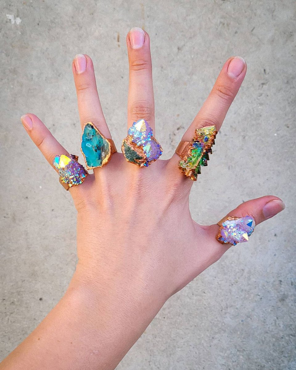 Are you kidding? Cover me in crystals, I'll take one of each please. Love these  wearable art statement pieces by  Katya Gogol!
...
#beautifulbizarre #wearableart #statementring #angelauraquartz #druzyring #blueopal #bismuth #bismuthcrystal #jewlery #crystals #crystalrings