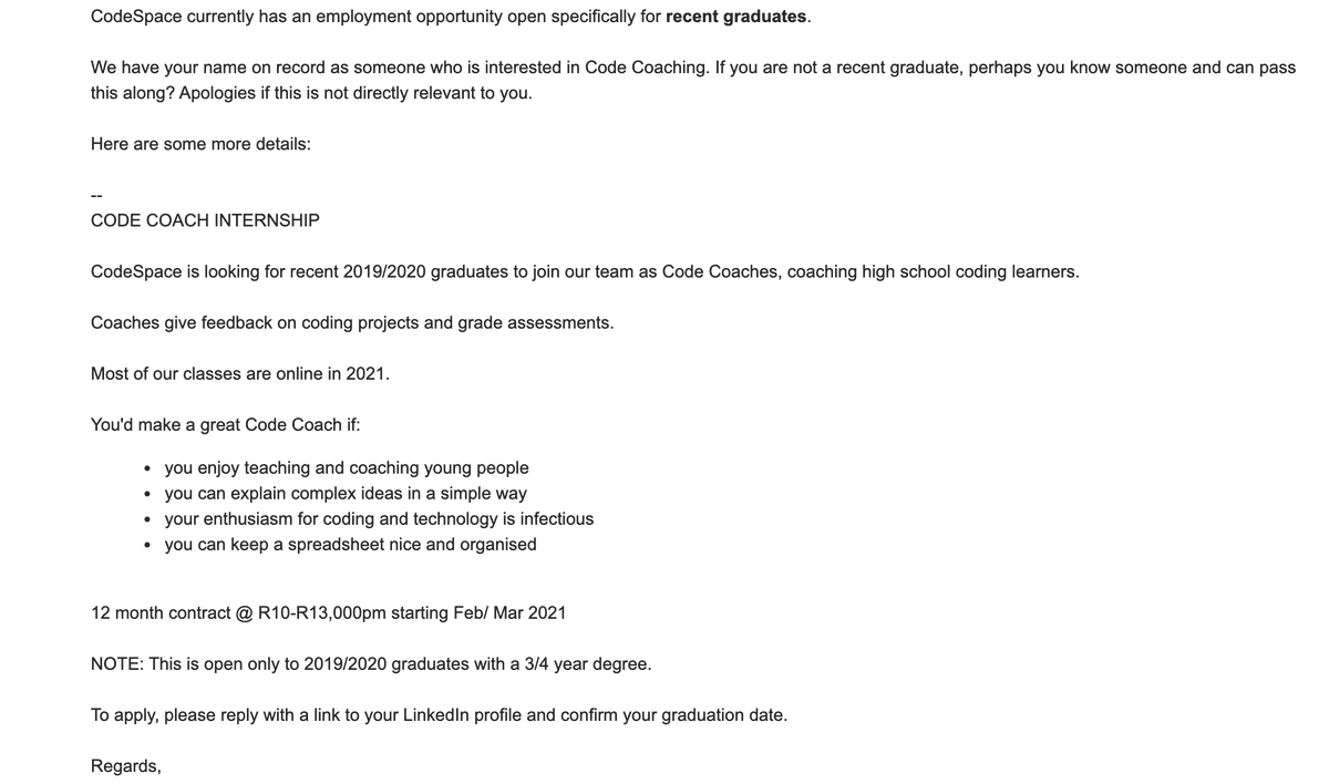 NM_Masiko's tweet photo. Checked My Mailbox This Morning And Look What I Found, Send your Linkedin profile &amp; confirm your graduation date to emma@codespace.co.za
#employment #jobs #jobsearch #hiring #job #recruitment #career #work #resume #careers #recruiting #hr #business #nowhiring #staffing https://t.co/hd1hQMQpbf