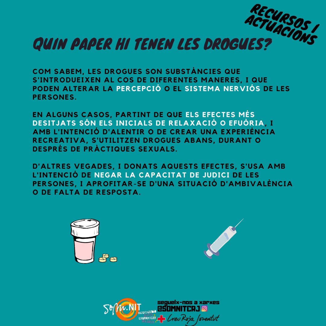 Somnitcrj's tweet photo. 💥Recursos i actuacions davant d'abusos sexuals, sota o no dels efectes de les drogues 💥
.
#somnit #promociódelasalut #prevenció #reduccioderiscos #abus #drogues #recursos #creurojajoventut https://t.co/LX8qUZkMul