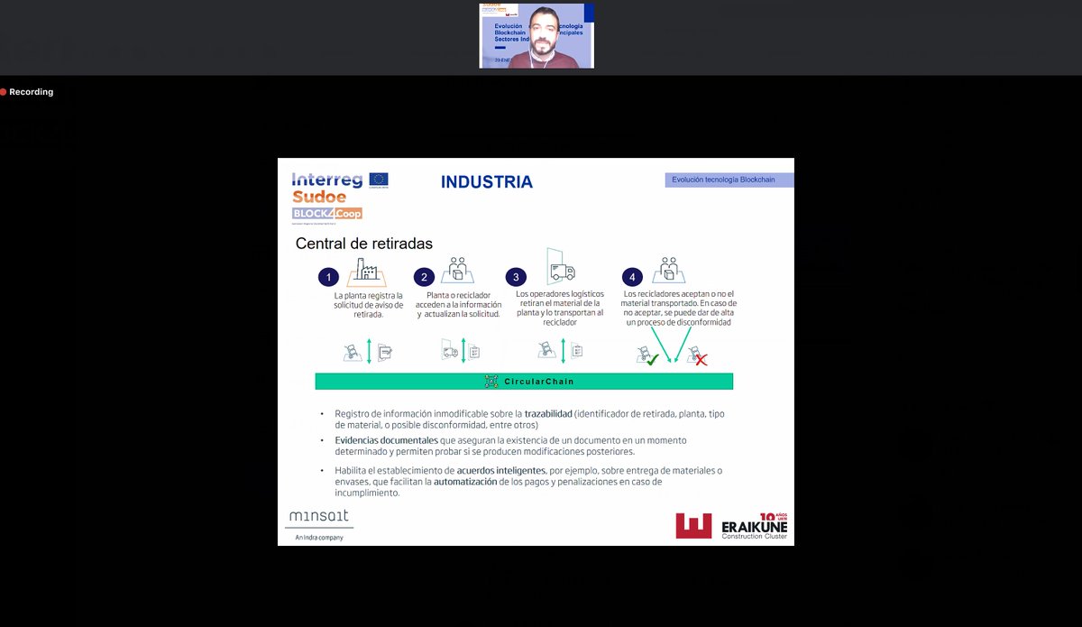BuildinnCluster's tweet photo. "Caso de uso de #CircularChain en la central de retiradas:
Este sistema ya está funcionando. Cerca de 4.000 retiradas al mes. Unas 15.000 transacciones mensuales." Victor Sánchez, @minsaitbyindra
#Blockchain @Block4C https://t.co/du3ILEIOkB