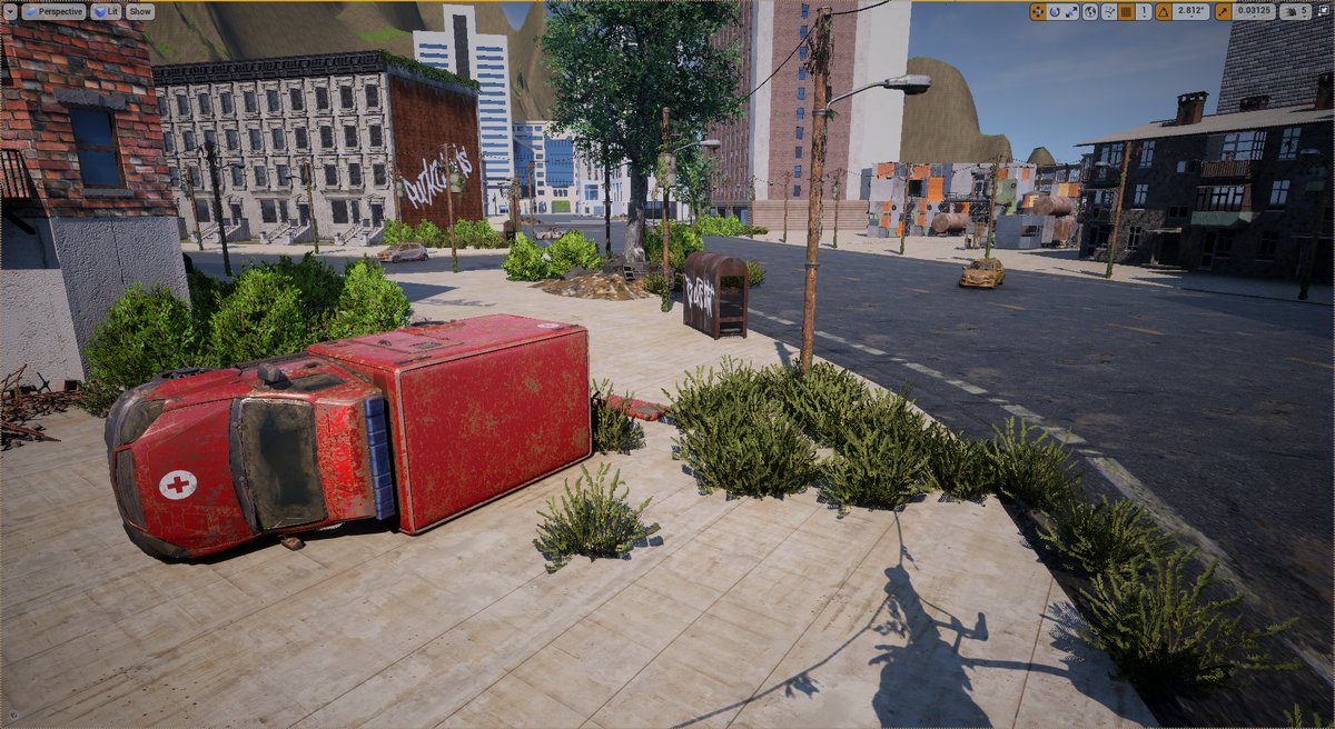 ItsSheeg's tweet photo. After some good feedback I tweaked the roads to be a bit more "post-apocalypse" and fixed some lighting harshness. Thanks for the suggestions! #ue4 #madewithunreal #gamedev #MaleficiaTheGame https://t.co/KIKH22sdbr