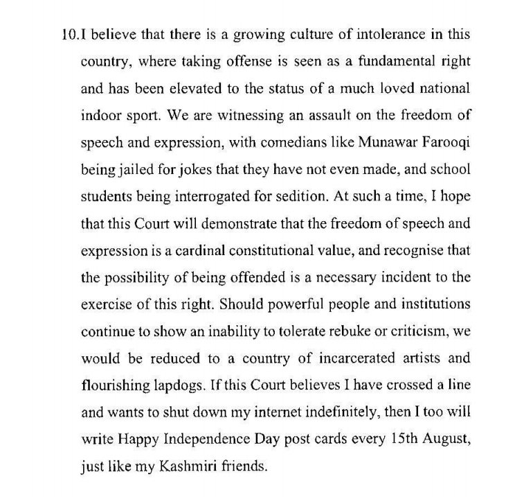 "If this Court believes I have crossed a line and wants to shut down my internet indefinitely, then I too will write Happy Independence Day post cards every 15th August just like my Kashmiri friends"- comedian  #KunalKamra tells Supreme Court in response to contempt notice.