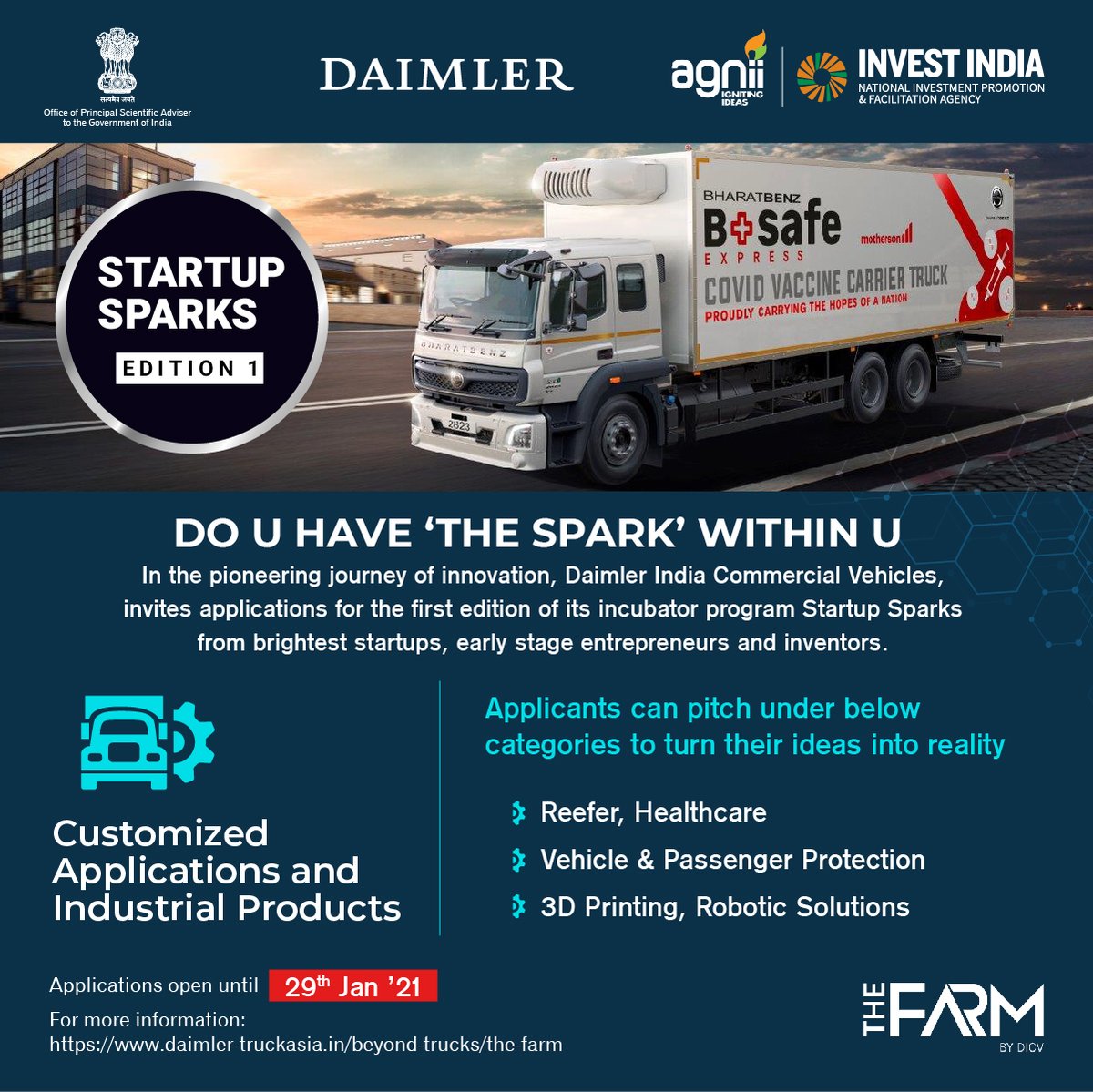 PrinSciAdvOff's tweet photo. Last Date to Apply!

Are you a #startup working in Healthcare/ EV/ Vehicle Protection/ Robotics Solutions/ 3D Printing?

Don't wait and apply now to Startup Sparks #Incubator TODAY at https://t.co/bIyDFuBB0l 

@Daimler | @agnii_goi | @investindia | 

#EV #Tech #innovation https://t.co/AoUXr4rEfE