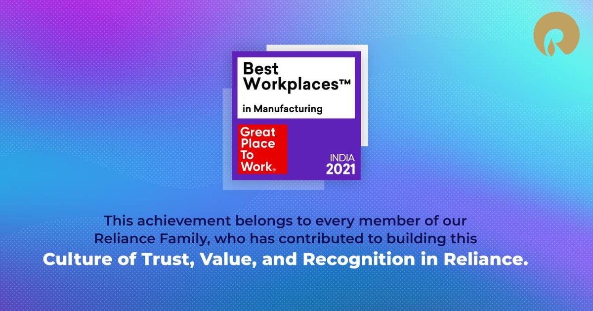 #RIL has featured in the Great Place to Work® Institute (India) “India’s Best Workplaces in #Manufacturing 2021” ranking list! This comes shortly after RIL has been a #GreatPlacetoWork.

#RelianceIndustriesLimited #Reliance #RILWayOfLife #RIL2021 #IndiasBestWorkplaces