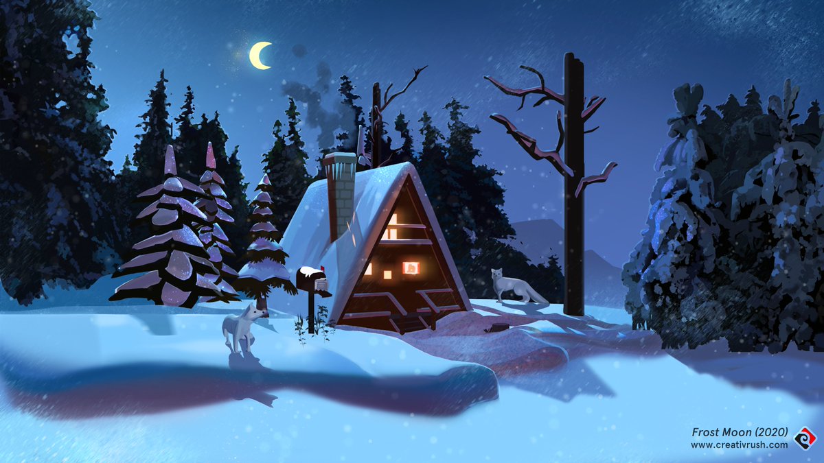 CreativRush's tweet photo. "The woods are lovely, dark and deep..."❄️

"Frost Moon" timelapse video: https://t.co/VDFC9N98j3

#creativrush #viewscapes #speedpaint #landscape https://t.co/qxSxEc7bnH