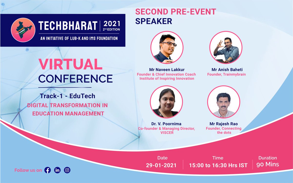iii_today's tweet photo. The second Pre-event of TechBharat 2021 starts on 29th January 2021 Friday. The session, "Digital Transformation in Education Management,” goes live on January 29th, 2021, Friday at 03:00 pm IST.

To register as a participant, visit: https://t.co/WtQfhn07iJ
#TechBharat https://t.co/L8vITgfcqw