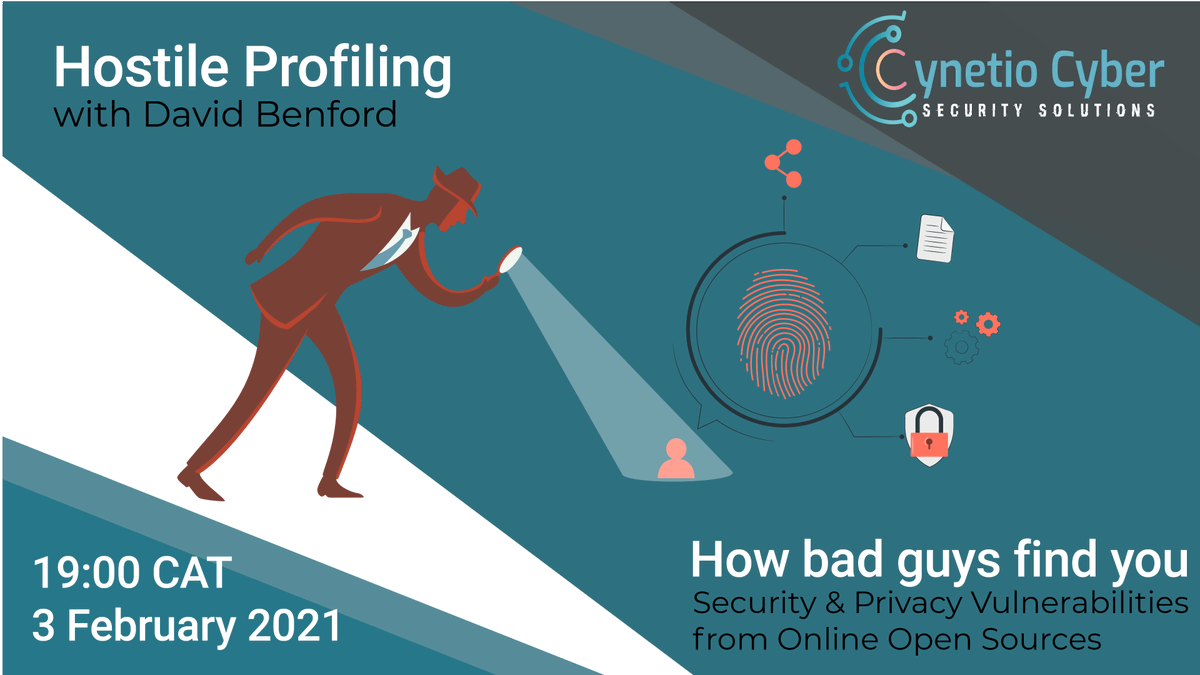 cynetio's tweet photo. New Webinar: we have an awesome webinar for you on 3 February 2021 at 19:00 CAT. David Benford of Blackstage Forensics will be presenting on Hostile Profiling: Security and Privacy Vulnerabilities from Online Open Sources. Register https://t.co/TCJGv6hmlN https://t.co/Lb1FWmcBpV