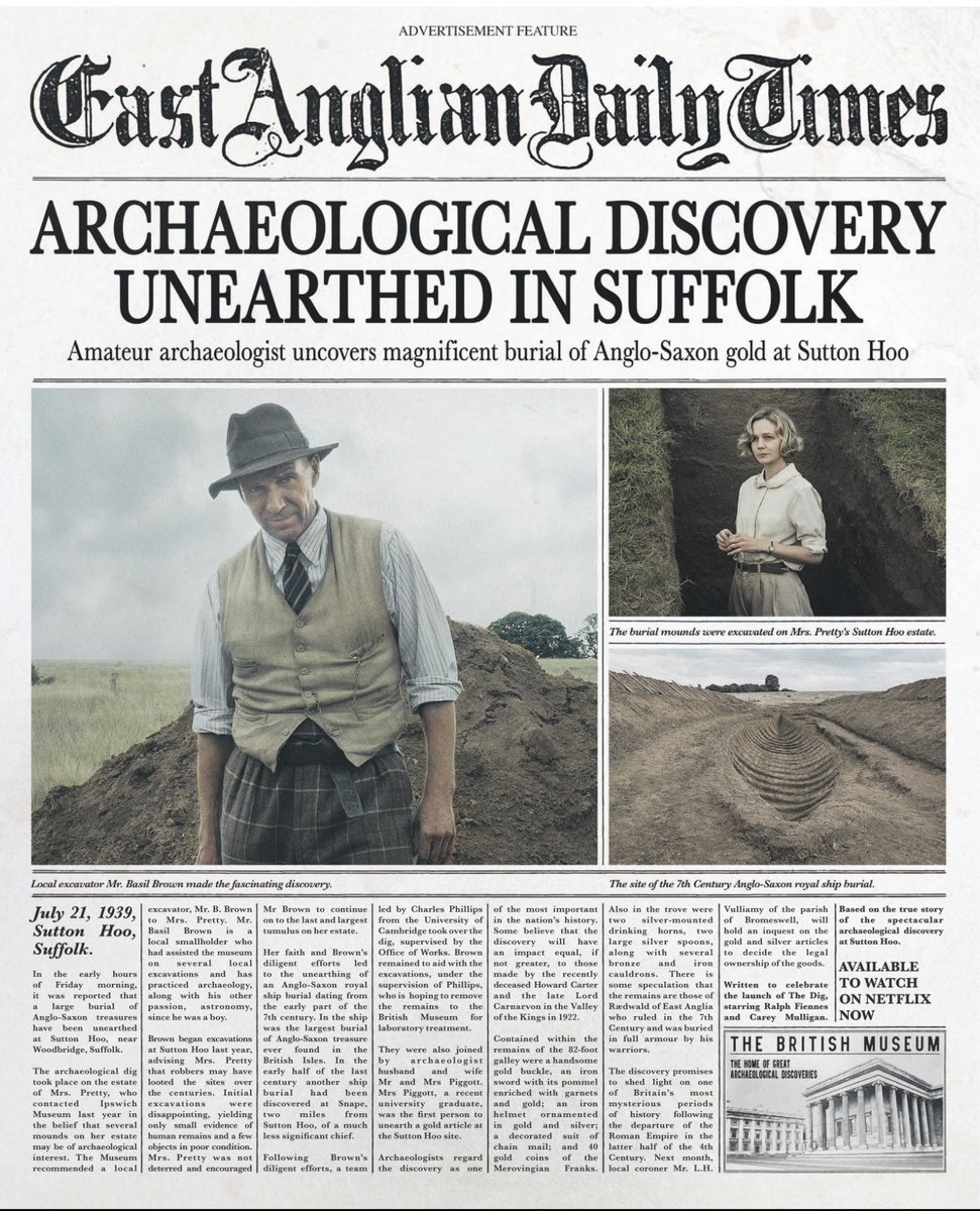 This is pretty special. The  @EADT24 has teamed up with  @NetflixUK for this front page promo today, marking the release of  #TheDig It’s a nod to the paper’s 1939 exclusive about the Sutton Hoo discovery - the subject of the film - even has our authentic 1939 masthead.  